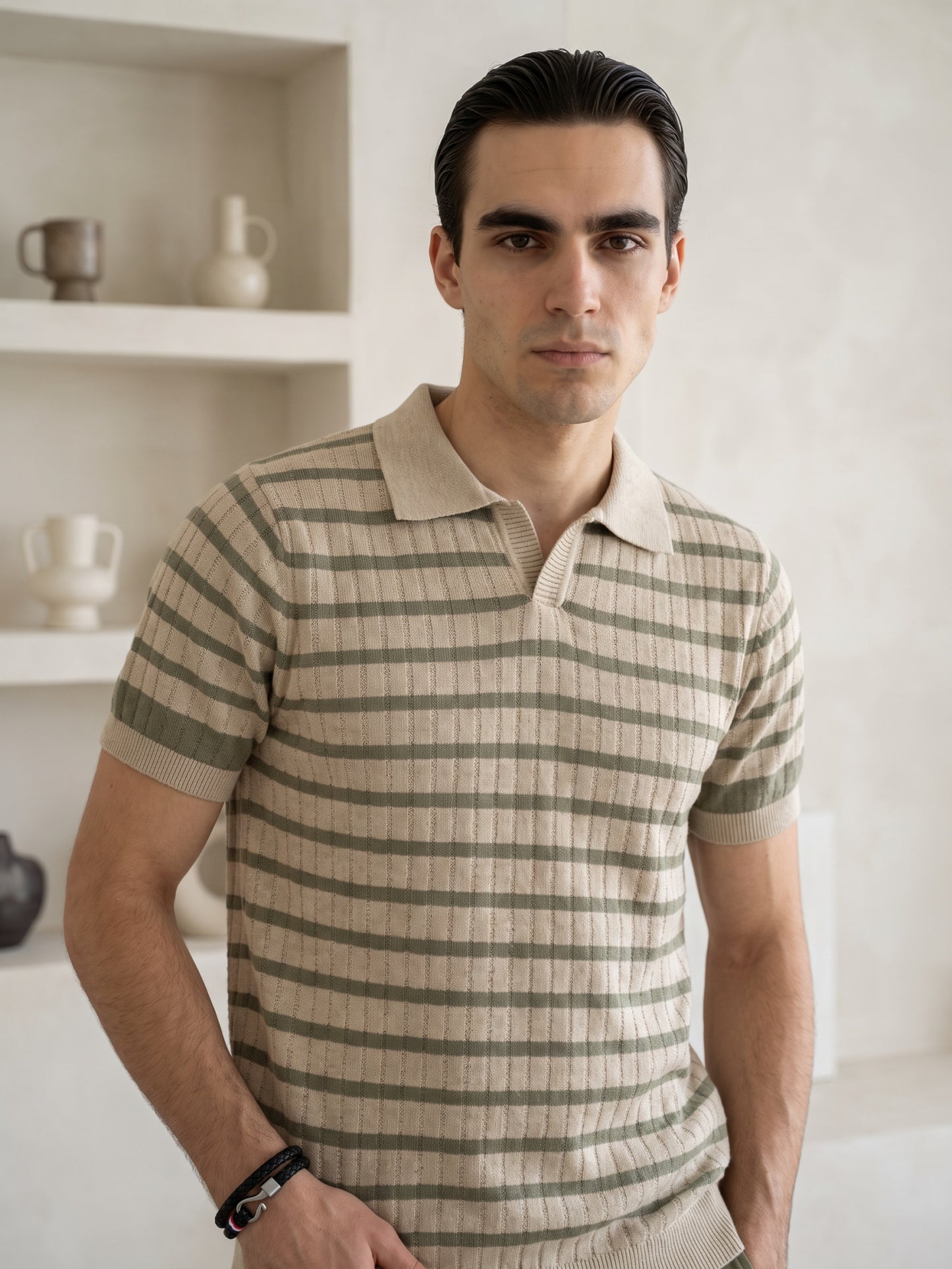 Striped Beige & Olive Flat Knit Polo