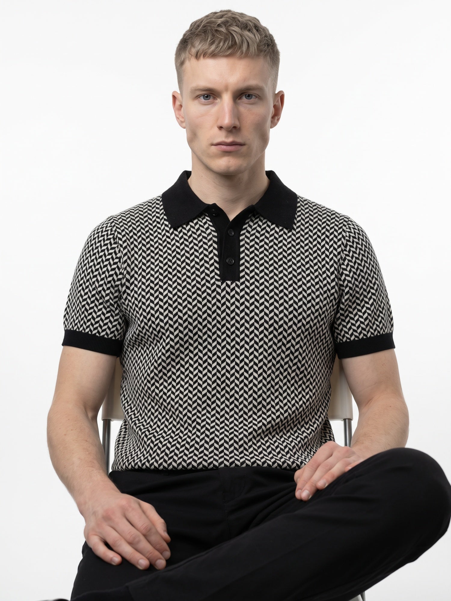 Men Chevron Knitted Polo Collar T-shirt
