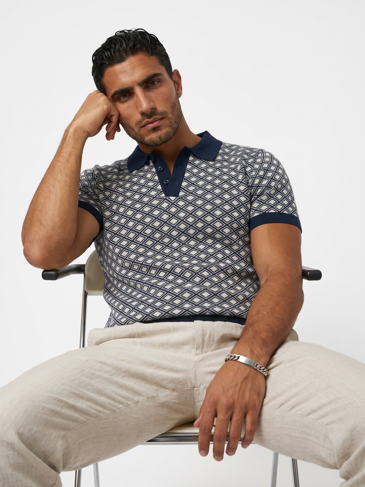 Men Navy Geometric Flat Knit Polo