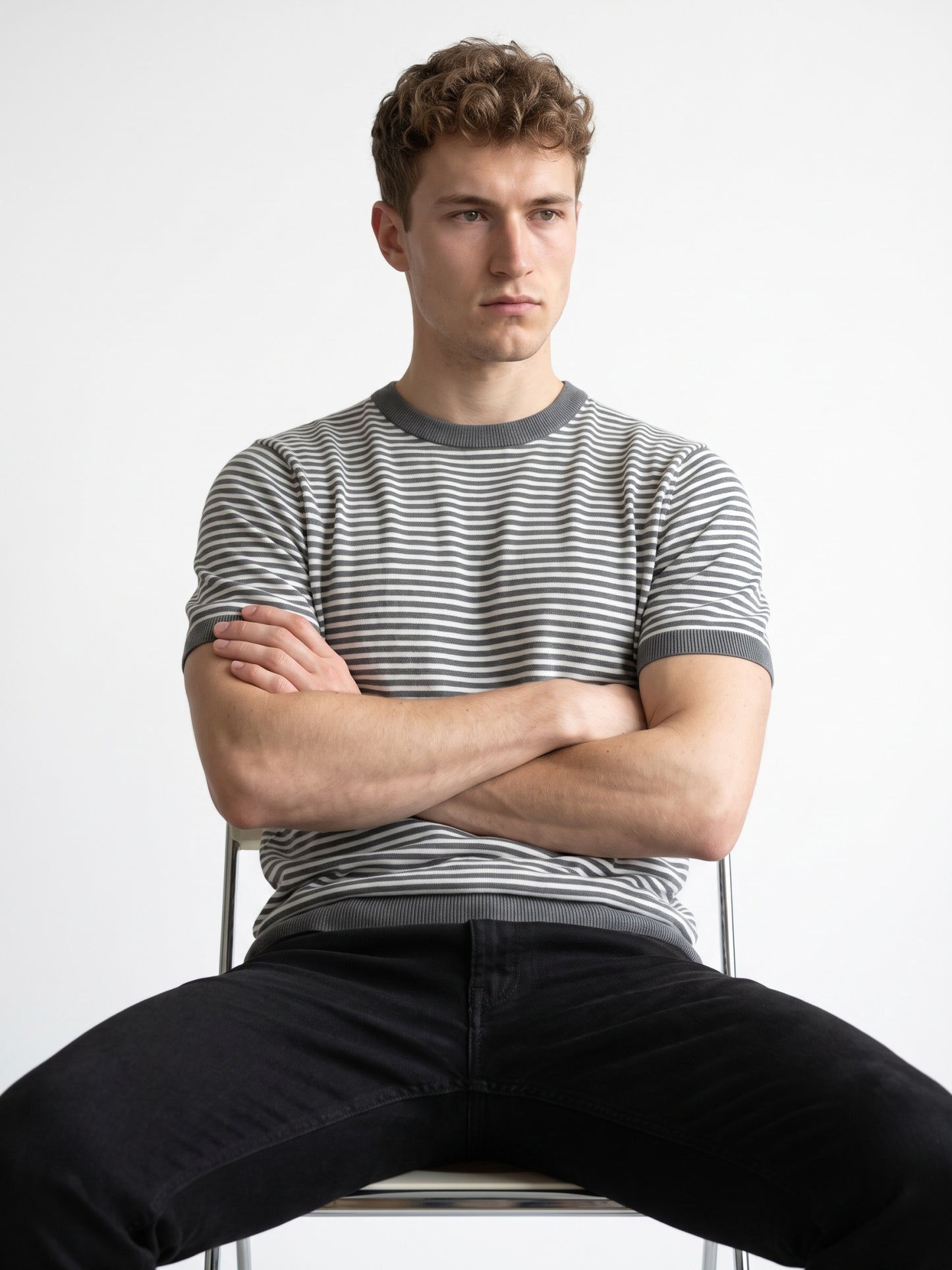 Men Grey & White Striped Round Neck Flat Knit T-shirt