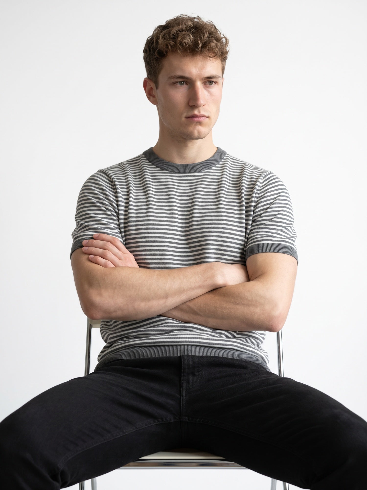 Men Grey & White Striped Round Neck Flat Knit T-shirt