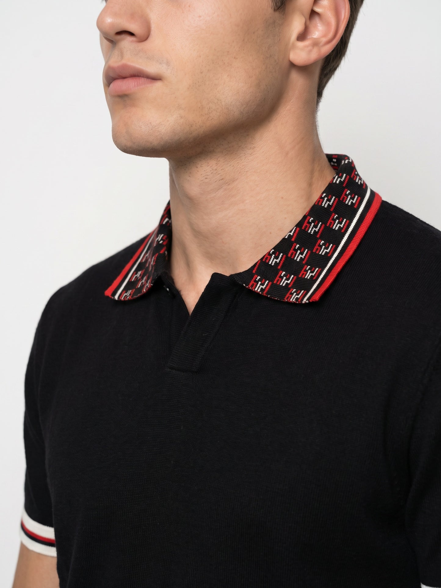 Black Flat Knit With Jacquard Collar Men Polo T-shirt