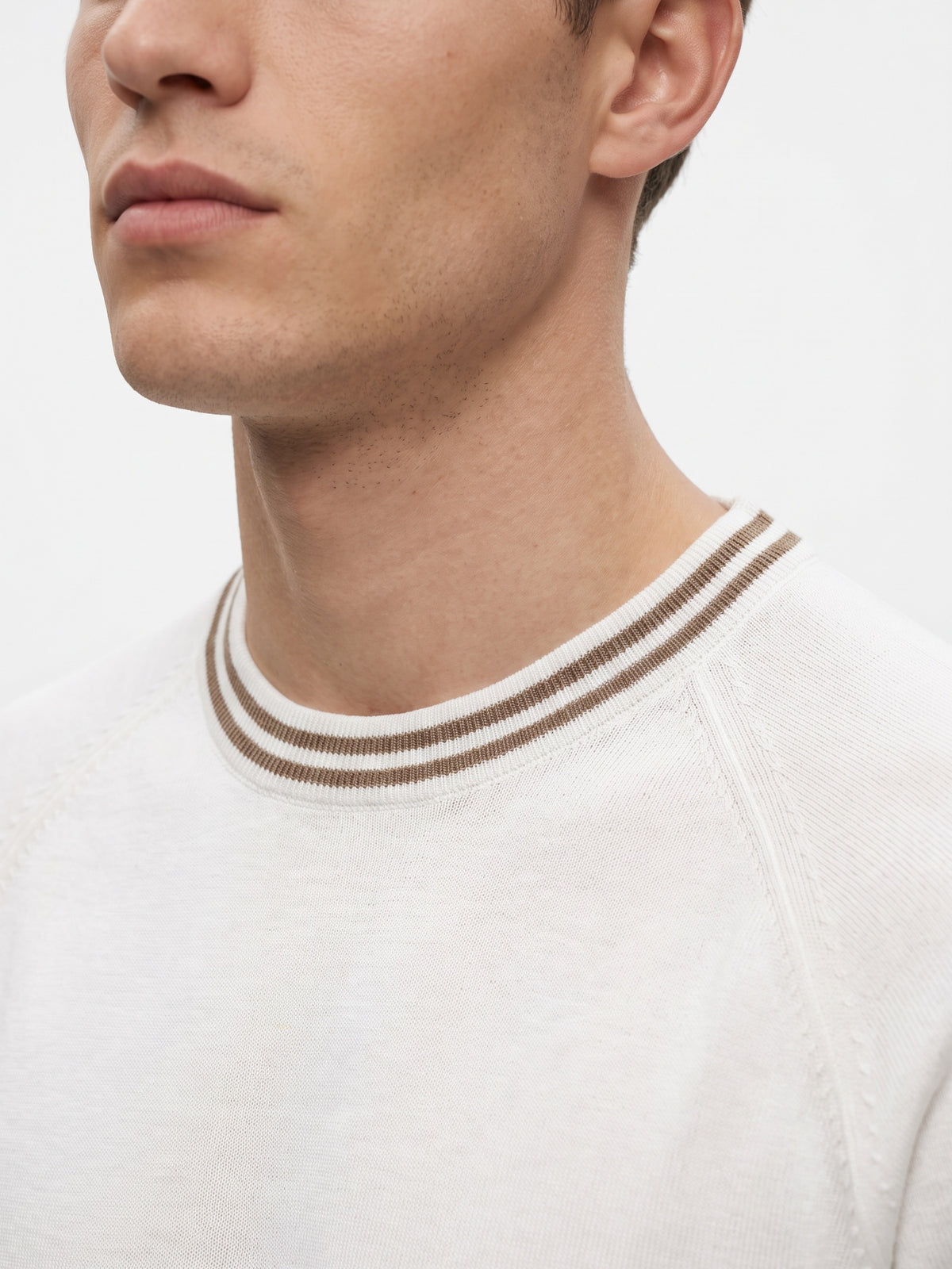 White Flat Knit Brown Striped T-shirt
