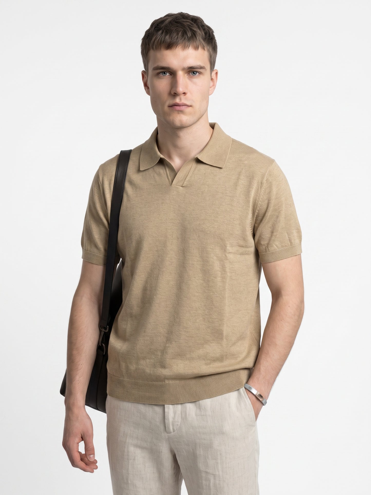 Men Beige Flat Knit Regular Fit Polo Collar T-shirt