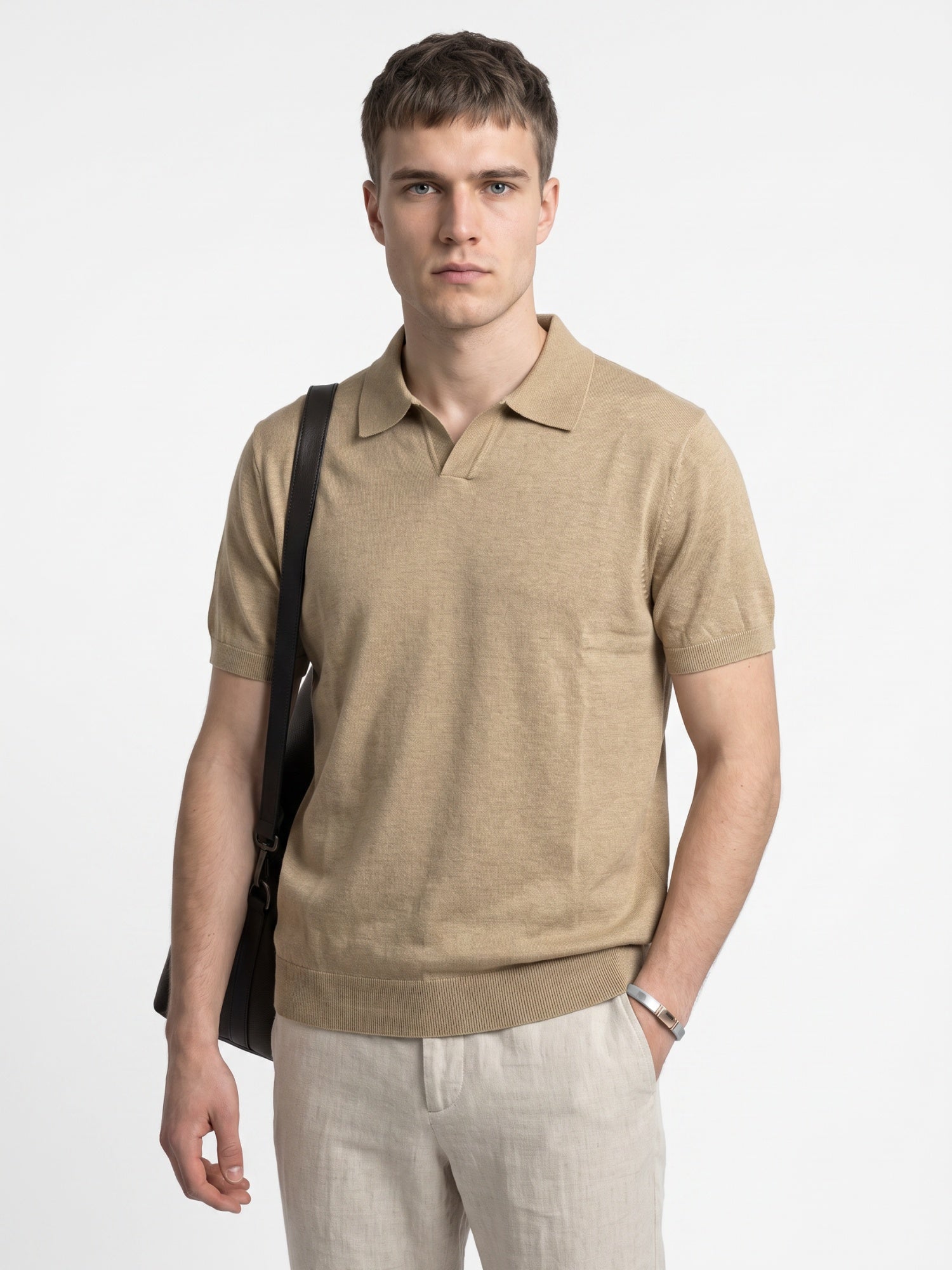 Men Beige Flat Knit Regular Fit Polo Collar T-shirt