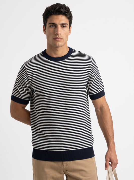 Navy & White Men Regular Fit Striped Flat Knit T-shirt