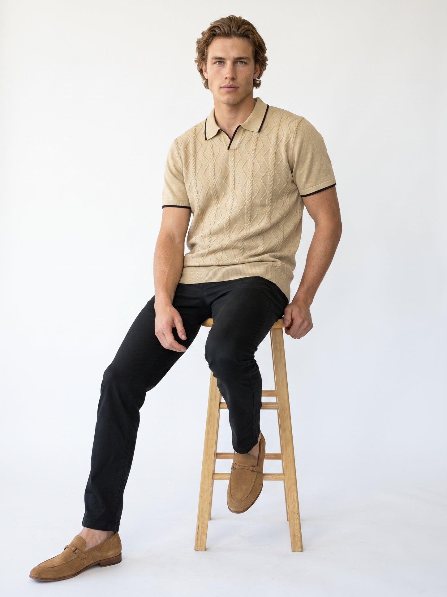 Beige Cable Flat Knit Polo T-shirt