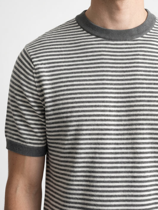 Men Grey & White Striped Round Neck Flat Knit T-shirt
