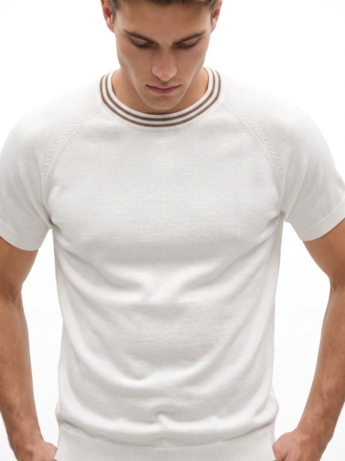 White Flat Knit Brown Striped T-shirt