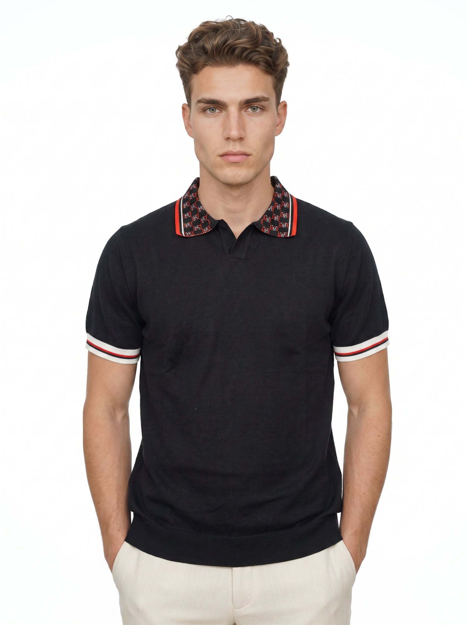 Black Flat Knit With Jacquard Collar Men Polo T-shirt