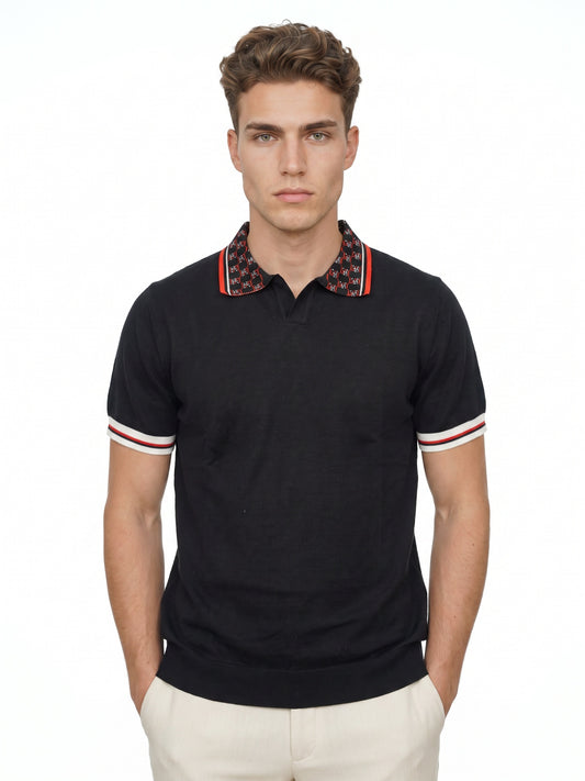 Black Flat Knit With Jacquard Collar Men Polo T-shirt