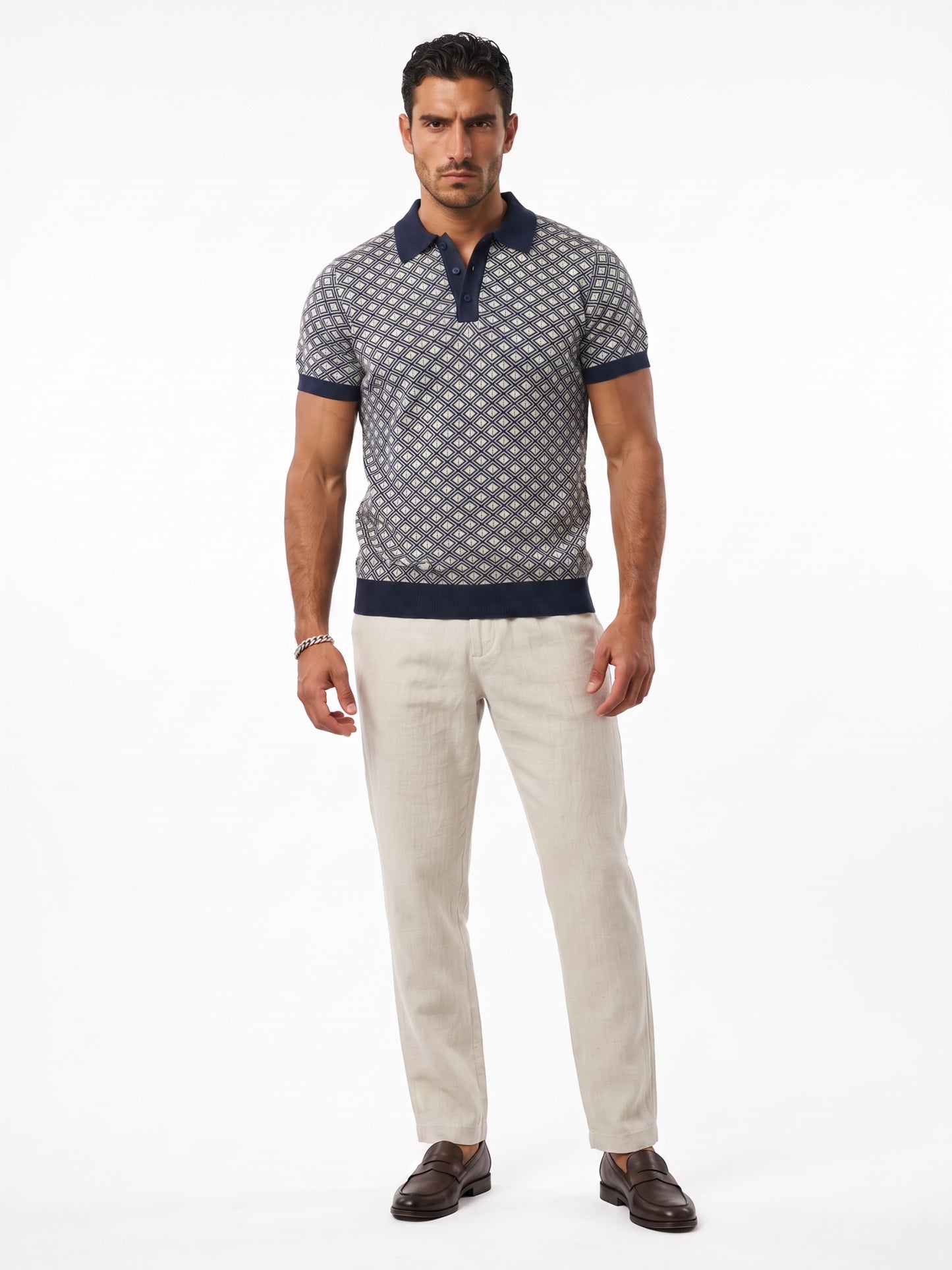 Men Navy Geometric Flat Knit Polo