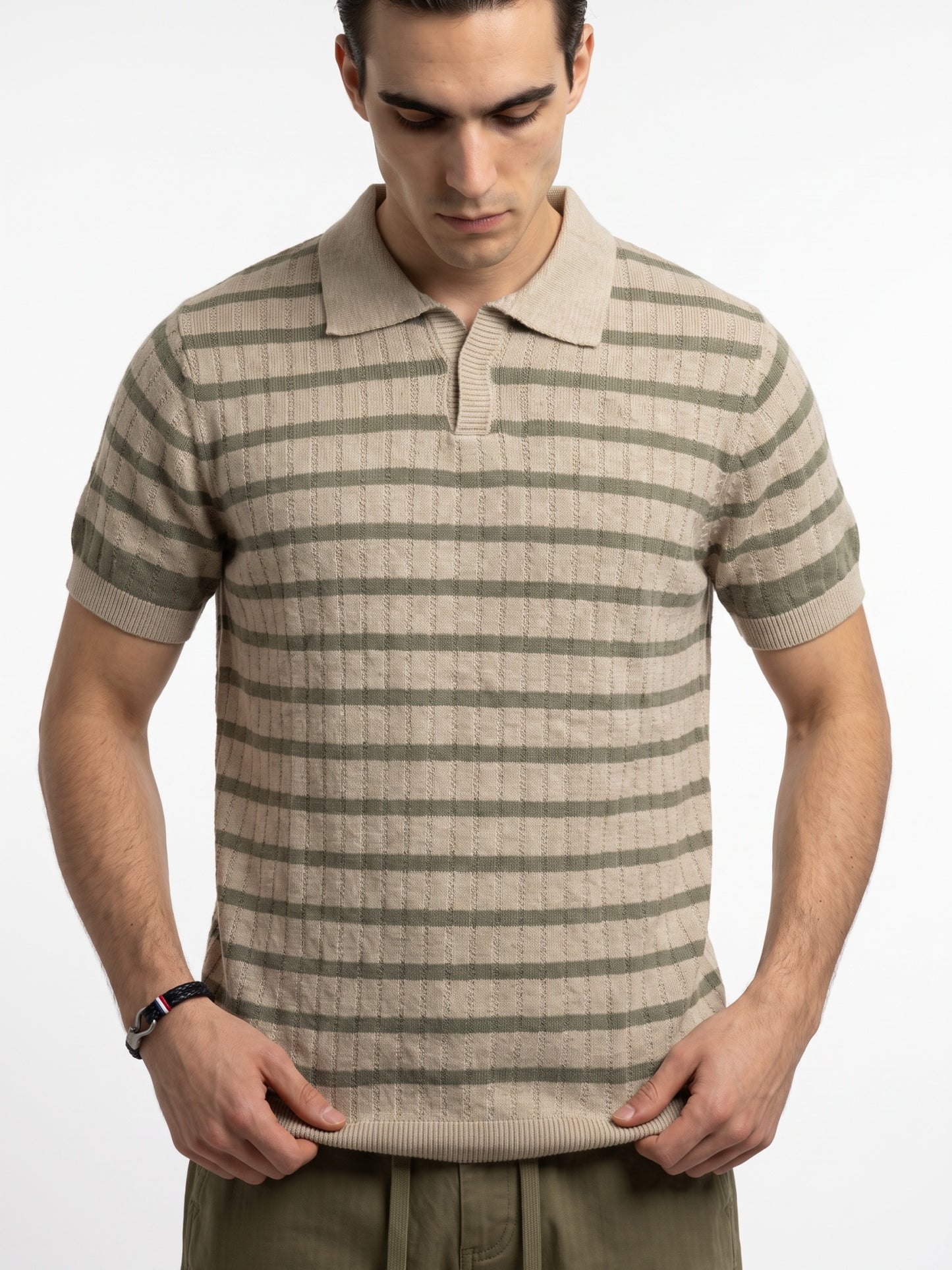 Striped Beige & Olive Flat Knit Polo