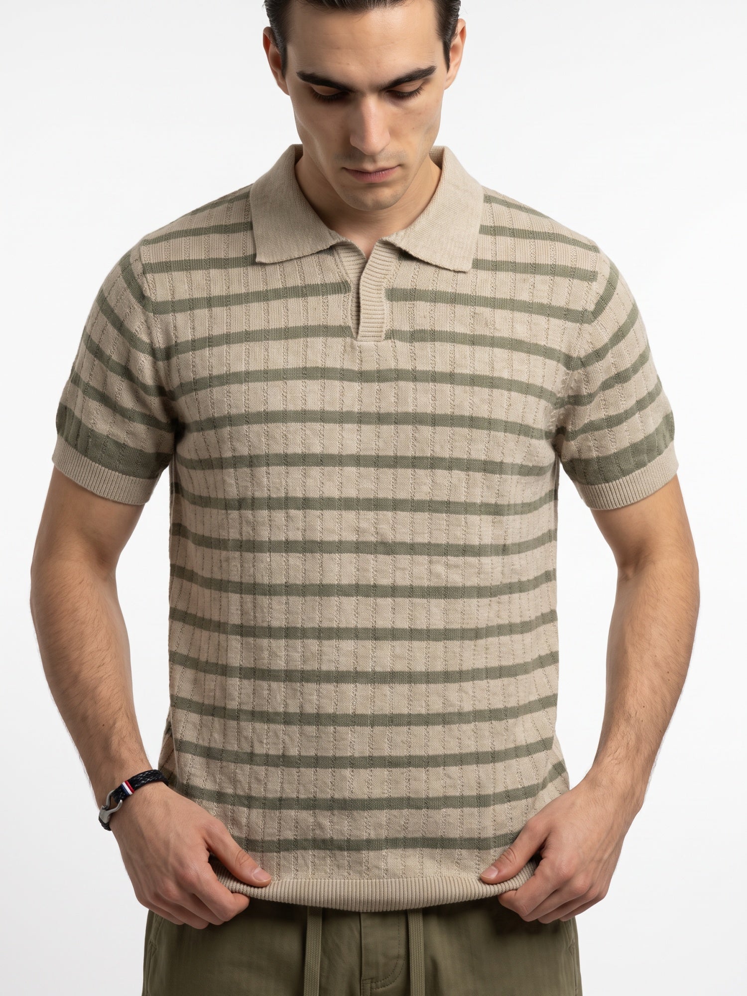 Striped Beige & Olive Flat Knit Polo