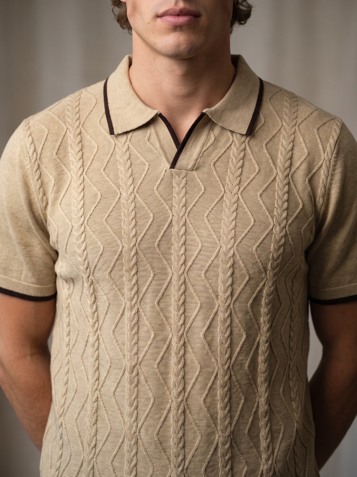 Beige Cable Flat Knit Polo T-shirt