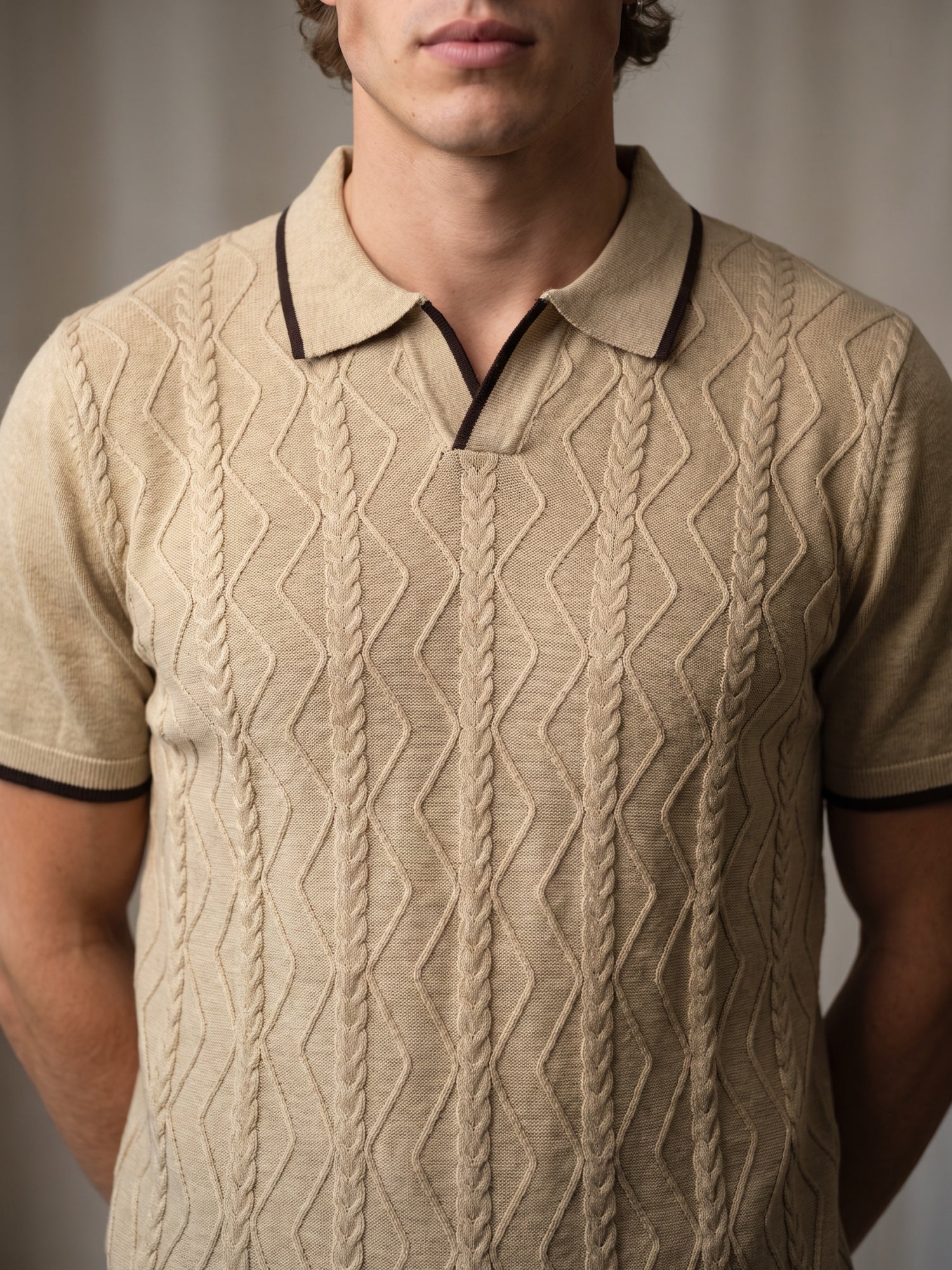 Beige Cable Flat Knit Polo T-shirt