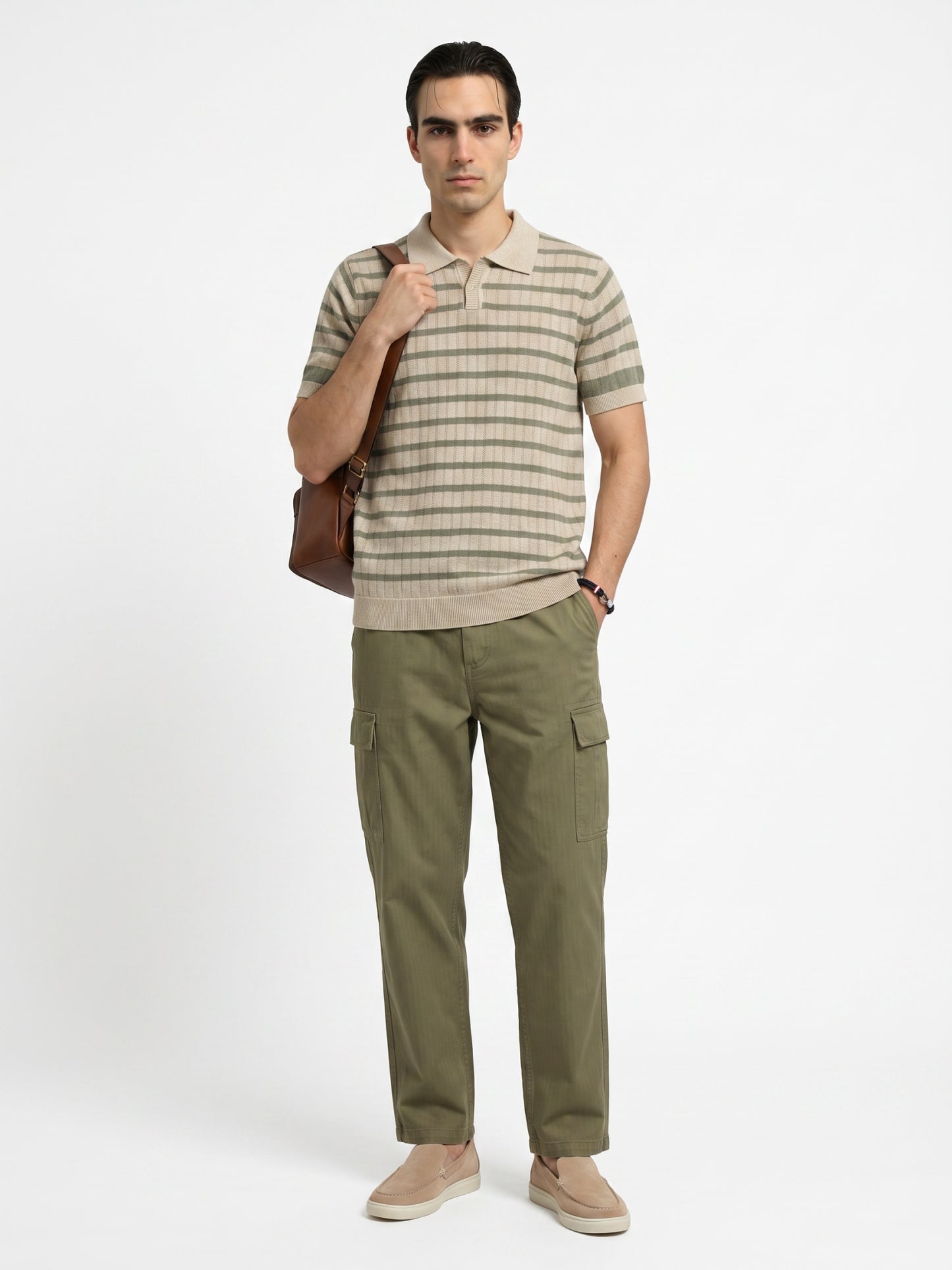 Striped Beige & Olive Flat Knit Polo