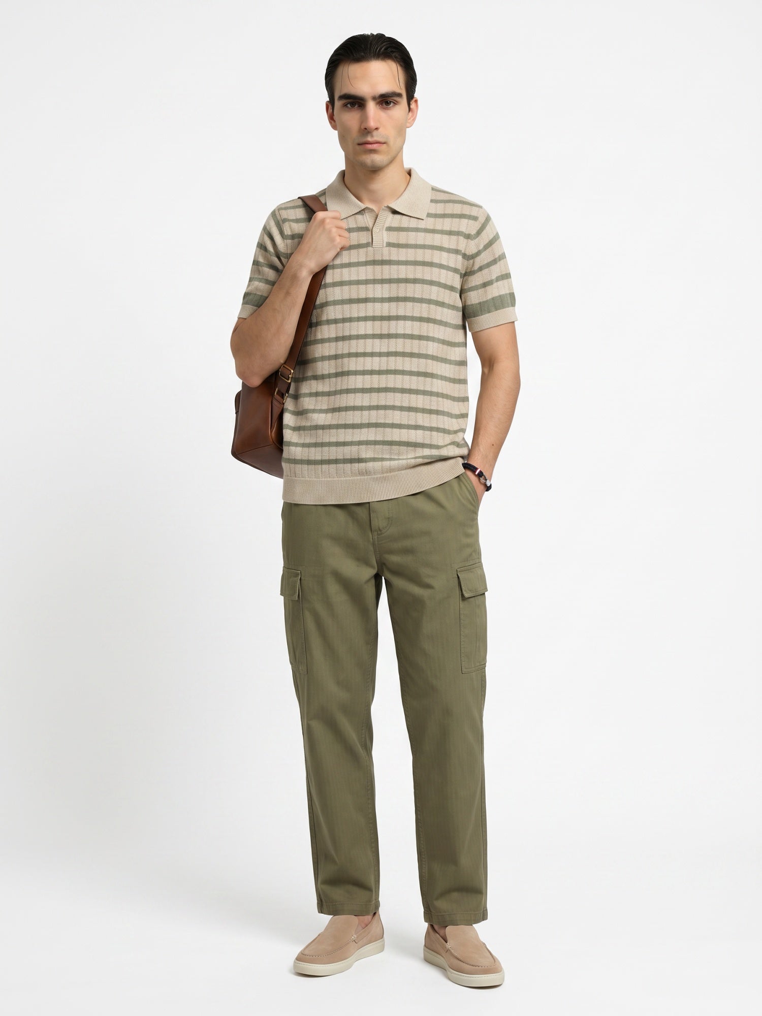 Striped Beige & Olive Flat Knit Polo