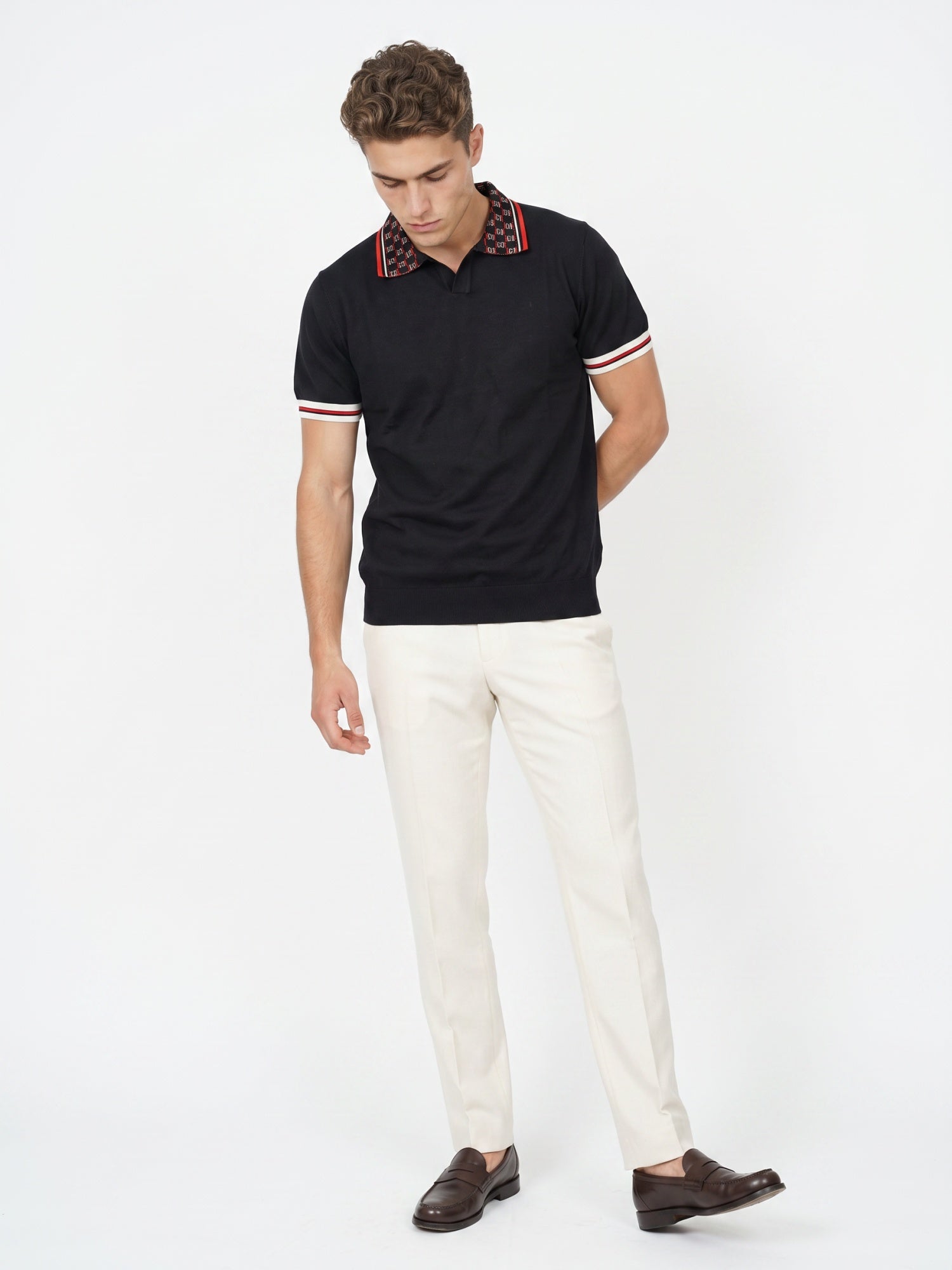 Black Flat Knit With Jacquard Collar Men Polo T-shirt