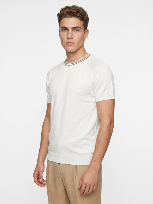 White Flat Knit Brown Striped T-shirt