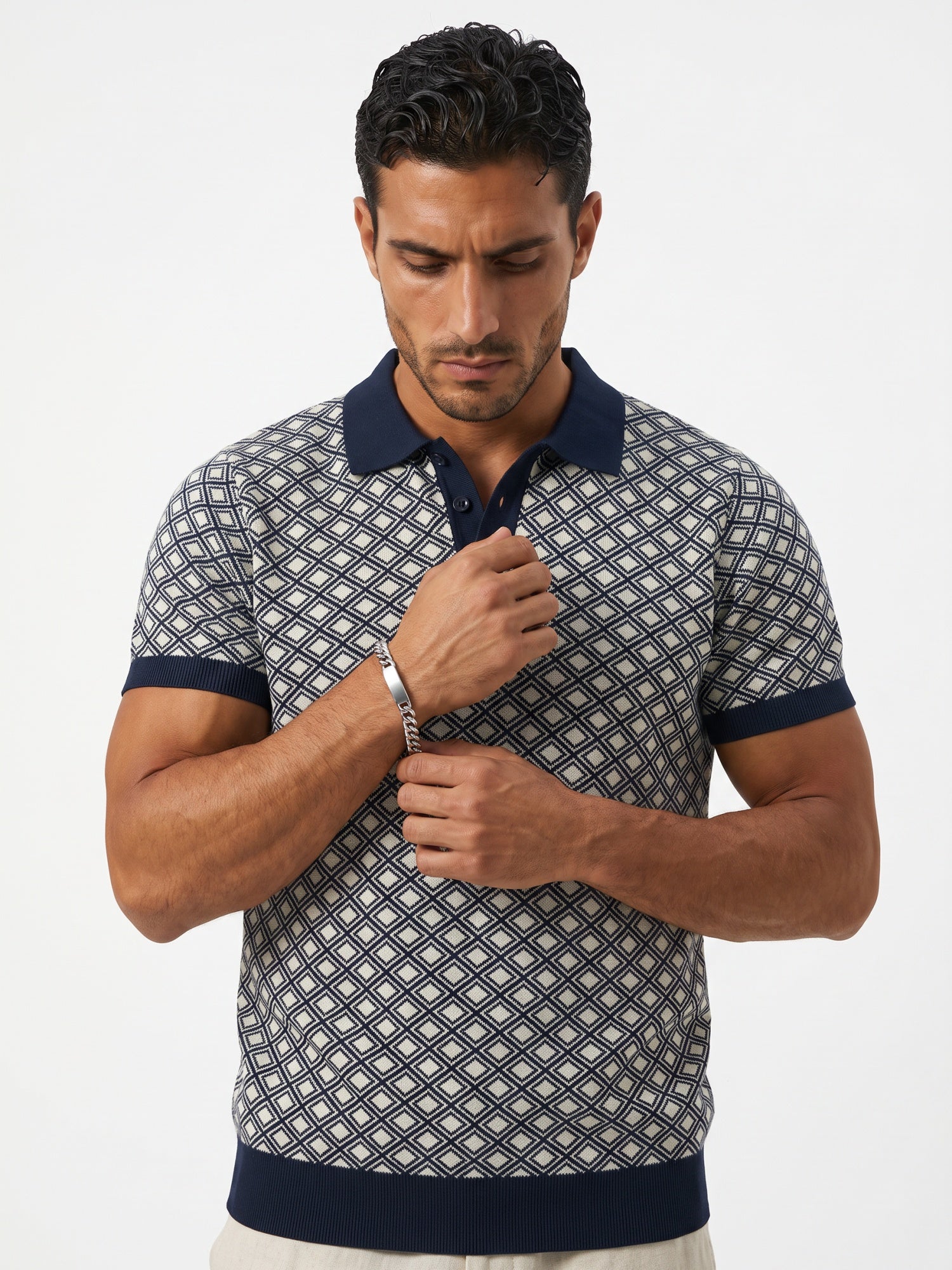 Men Navy Geometric Flat Knit Polo
