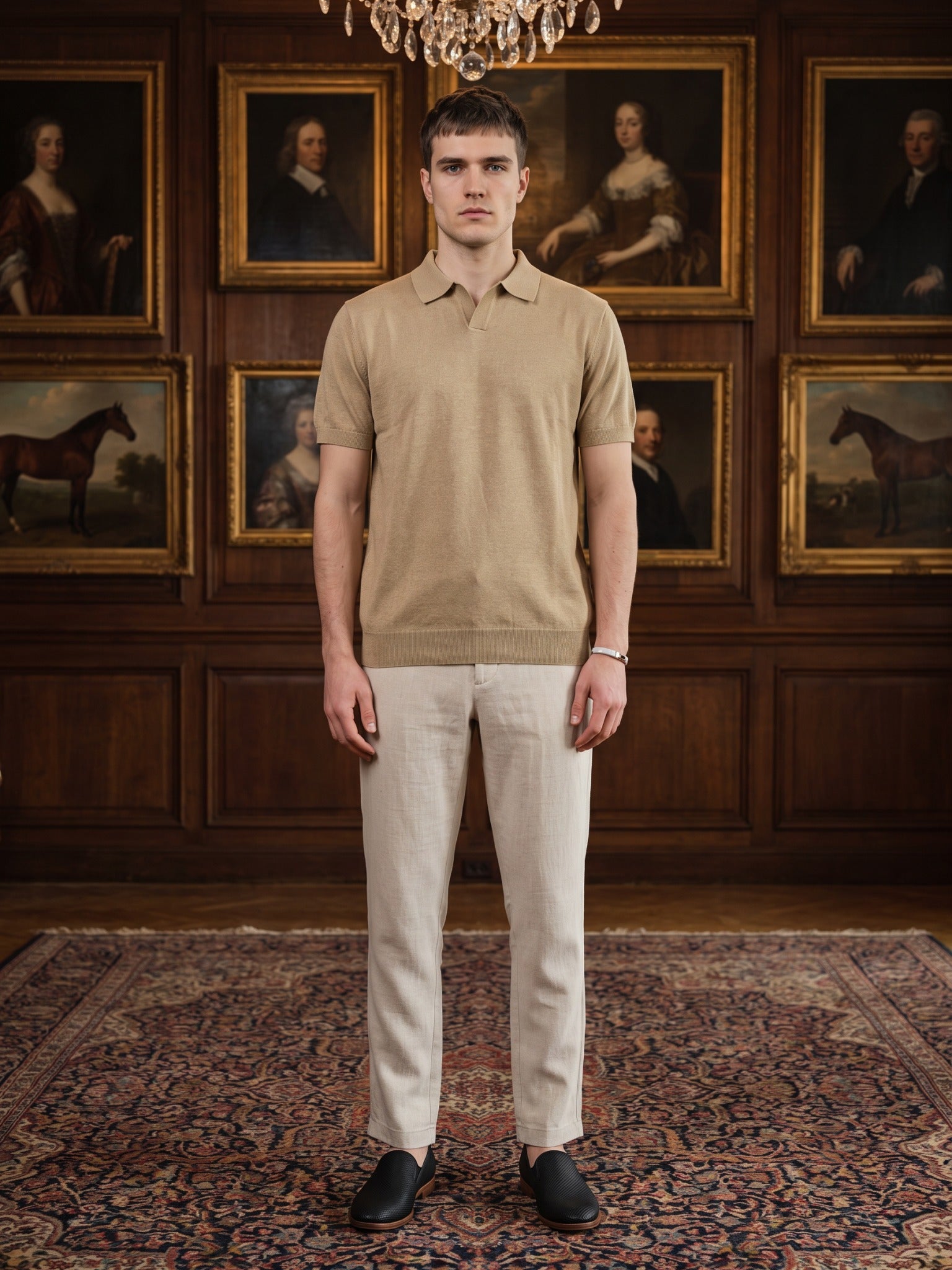 Men Beige Flat Knit Regular Fit Polo Collar T-shirt