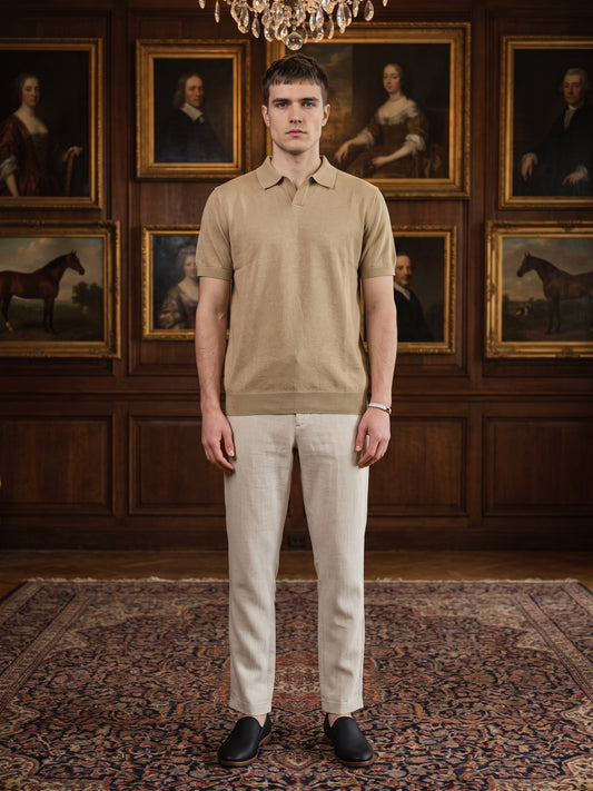 Men Beige Flat Knit Regular Fit Polo Collar T-shirt