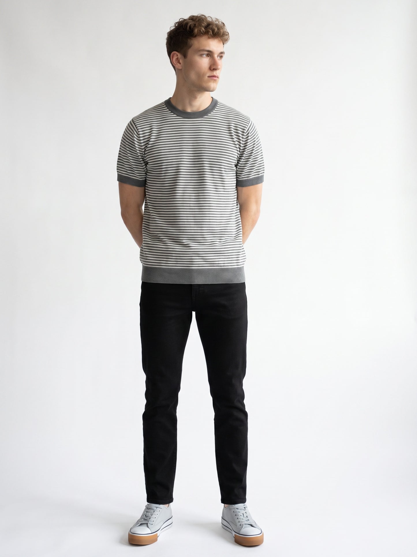 Men Grey & White Striped Round Neck Flat Knit T-shirt