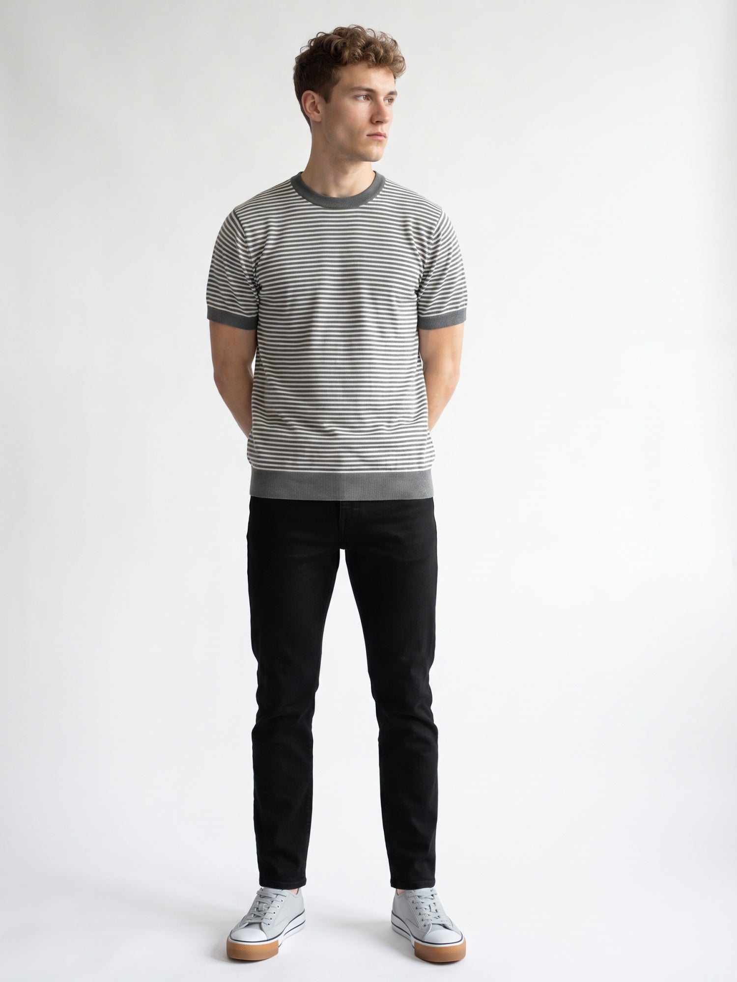 Men Grey & White Striped Round Neck Flat Knit T-shirt