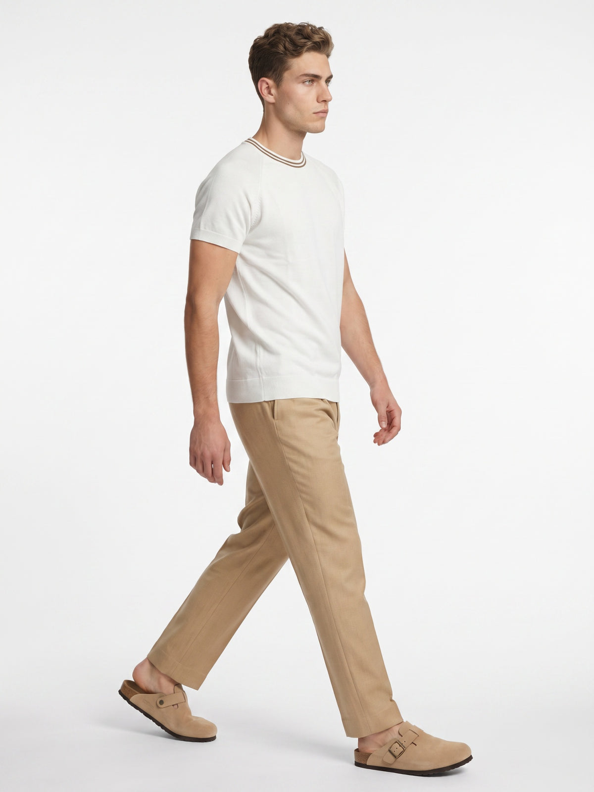 White Flat Knit Brown Striped T-shirt
