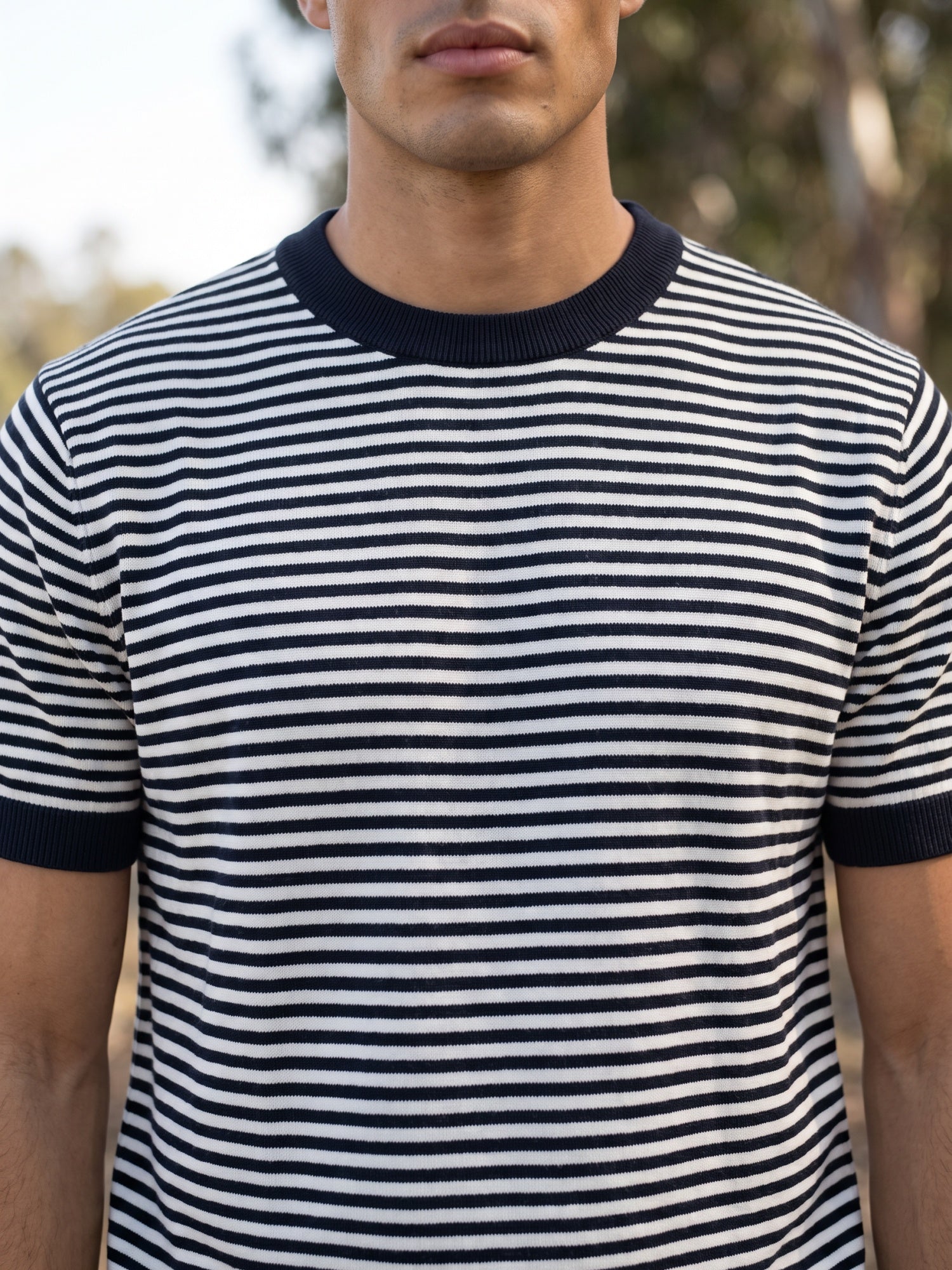 Navy & White Men Regular Fit Striped Flat Knit T-shirt