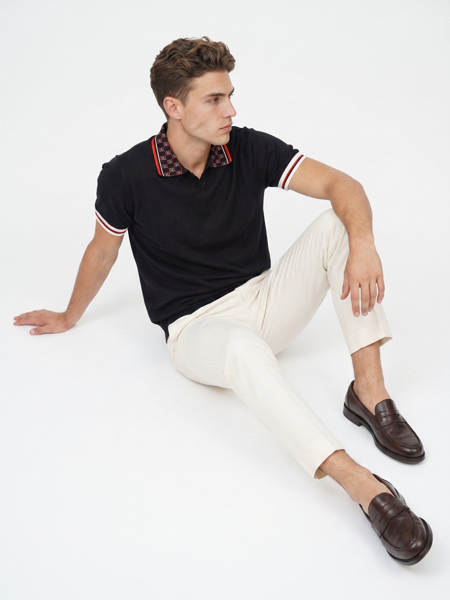 Black Flat Knit With Jacquard Collar Men Polo T-shirt