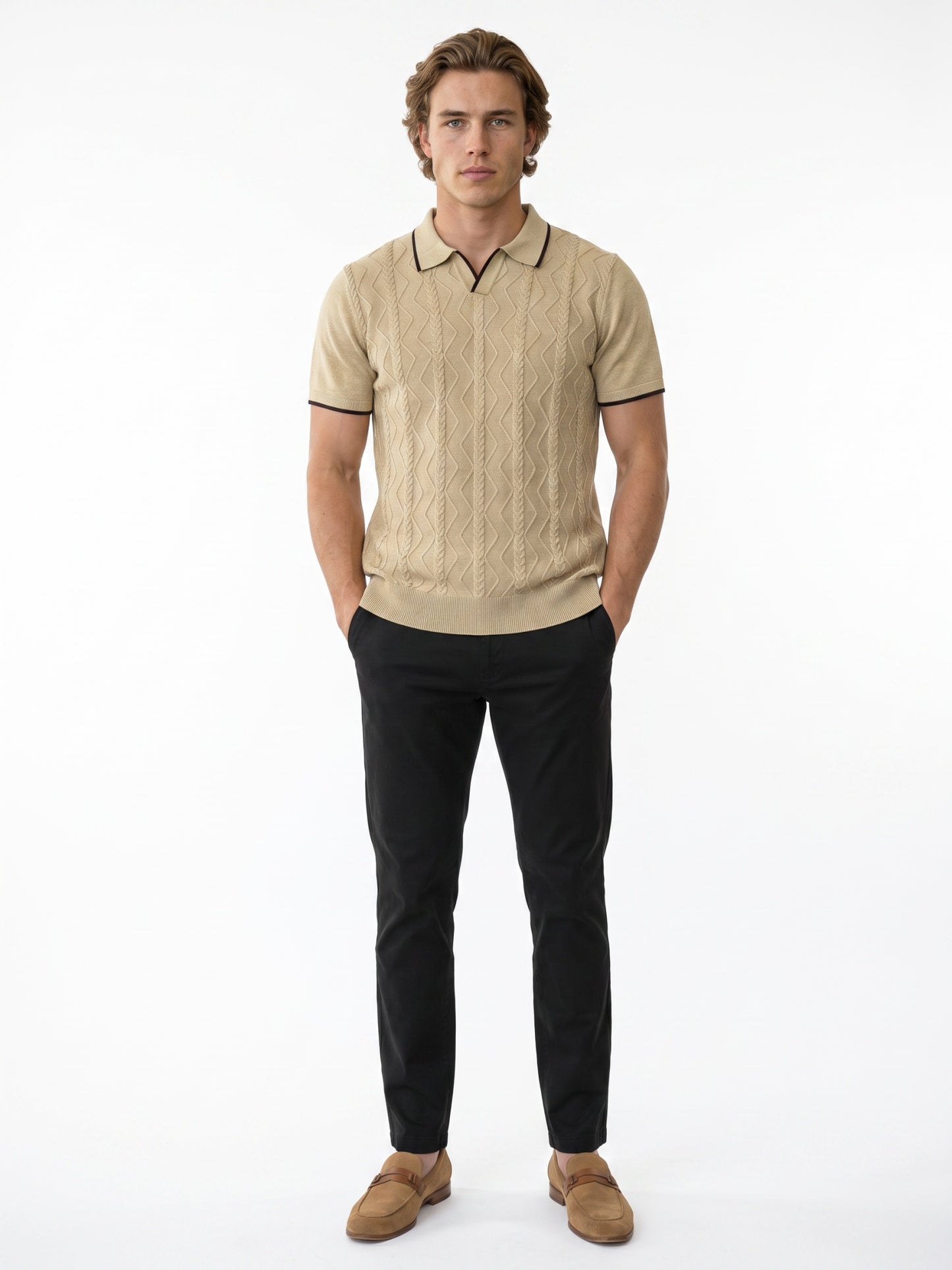 Beige Cable Flat Knit Polo T-shirt