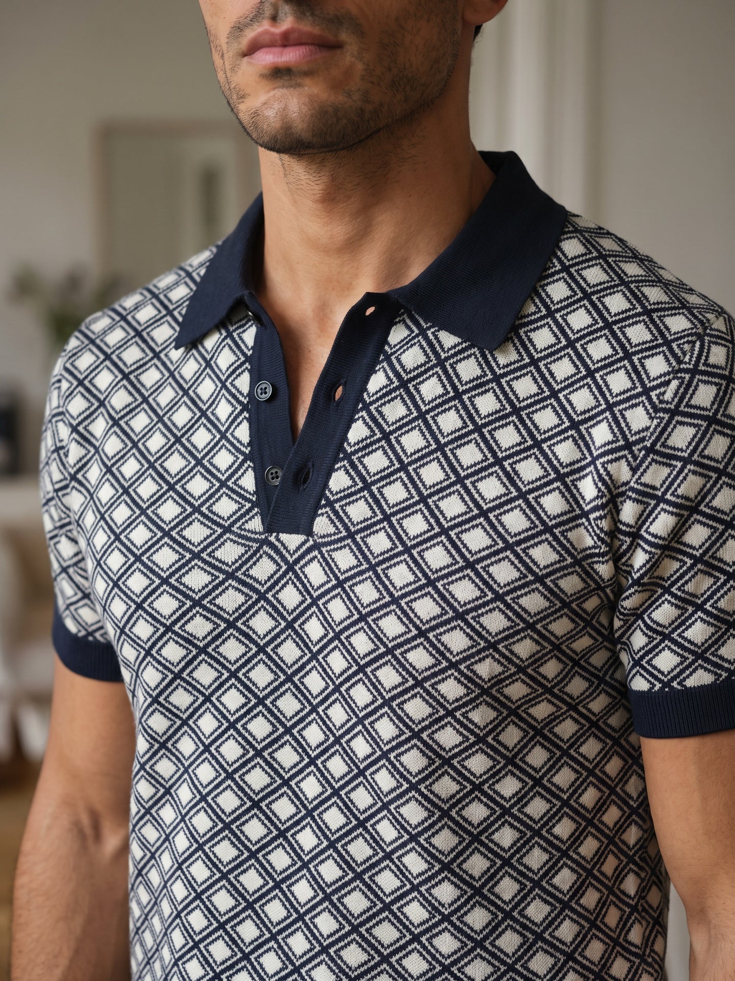 Men Navy Geometric Flat Knit Polo