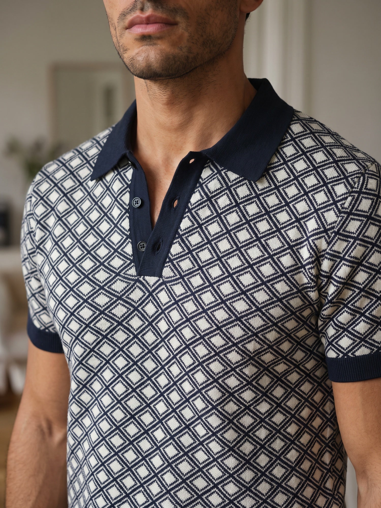 Men Navy Geometric Flat Knit Polo