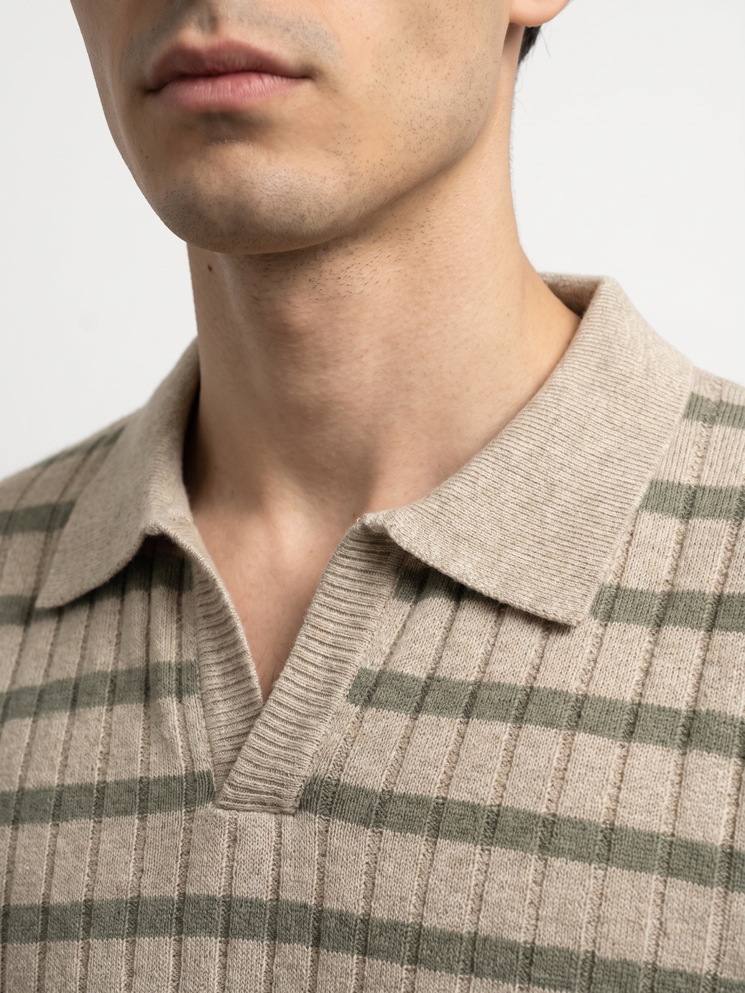 Striped Beige & Olive Flat Knit Polo