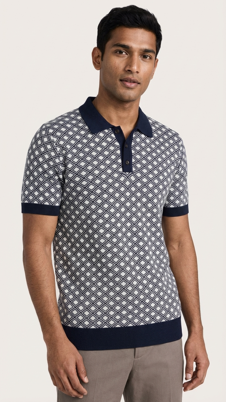 Geometric Polo T-shirt - Navy & Cream