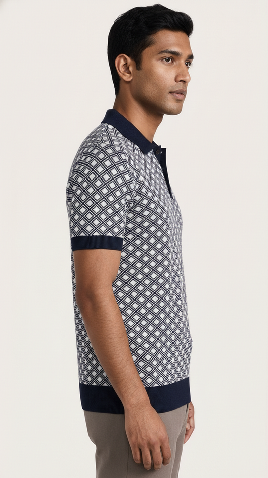 Geometric Polo T-shirt - Navy & Cream
