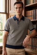 Micro-Check Polo T-shirt in Navy