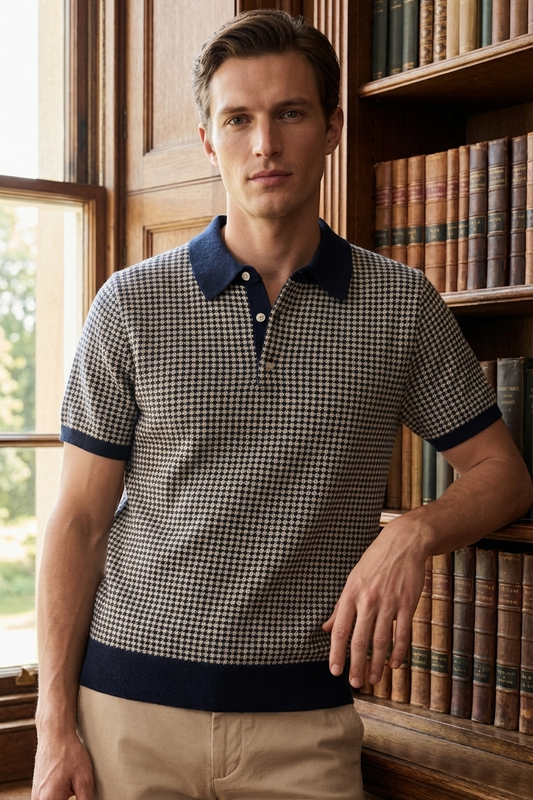Micro-Check Polo T-shirt in Navy