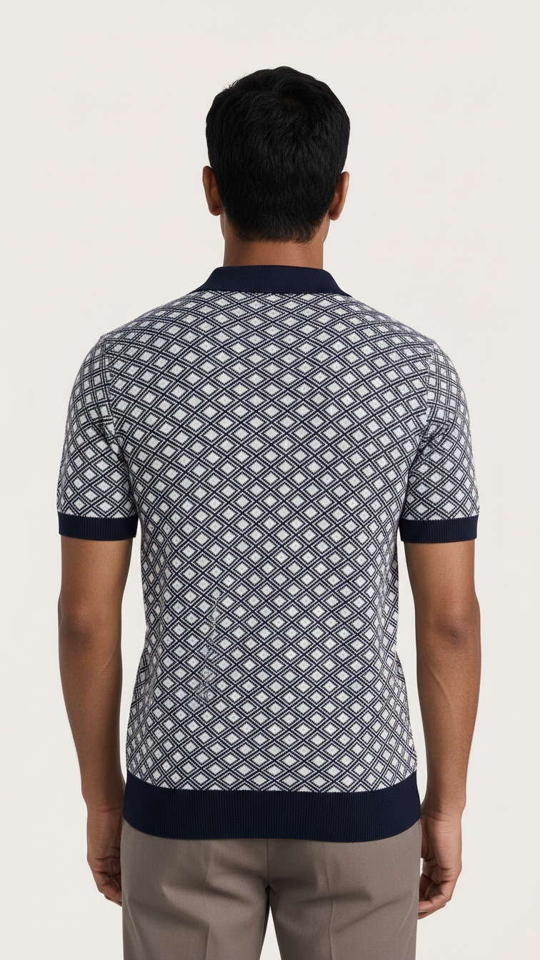 Geometric Polo T-shirt - Navy & Cream