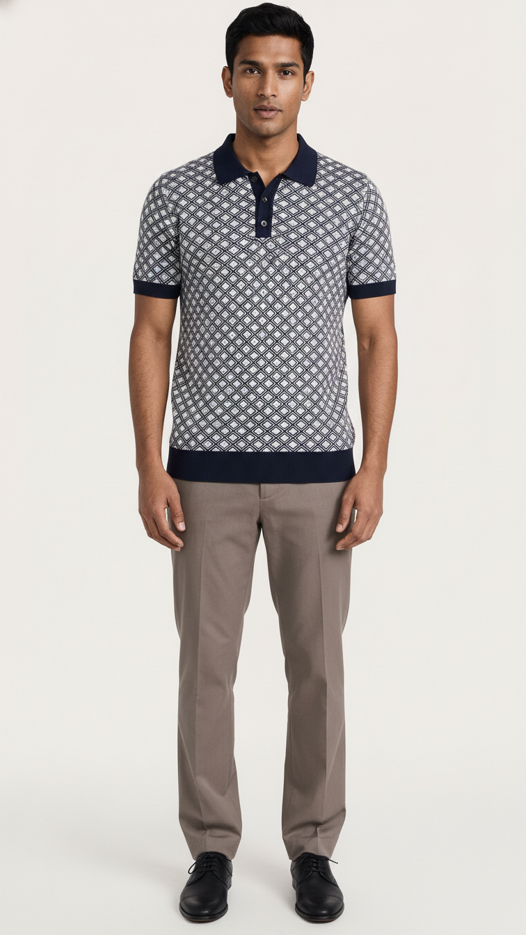 Geometric Polo T-shirt - Navy & Cream