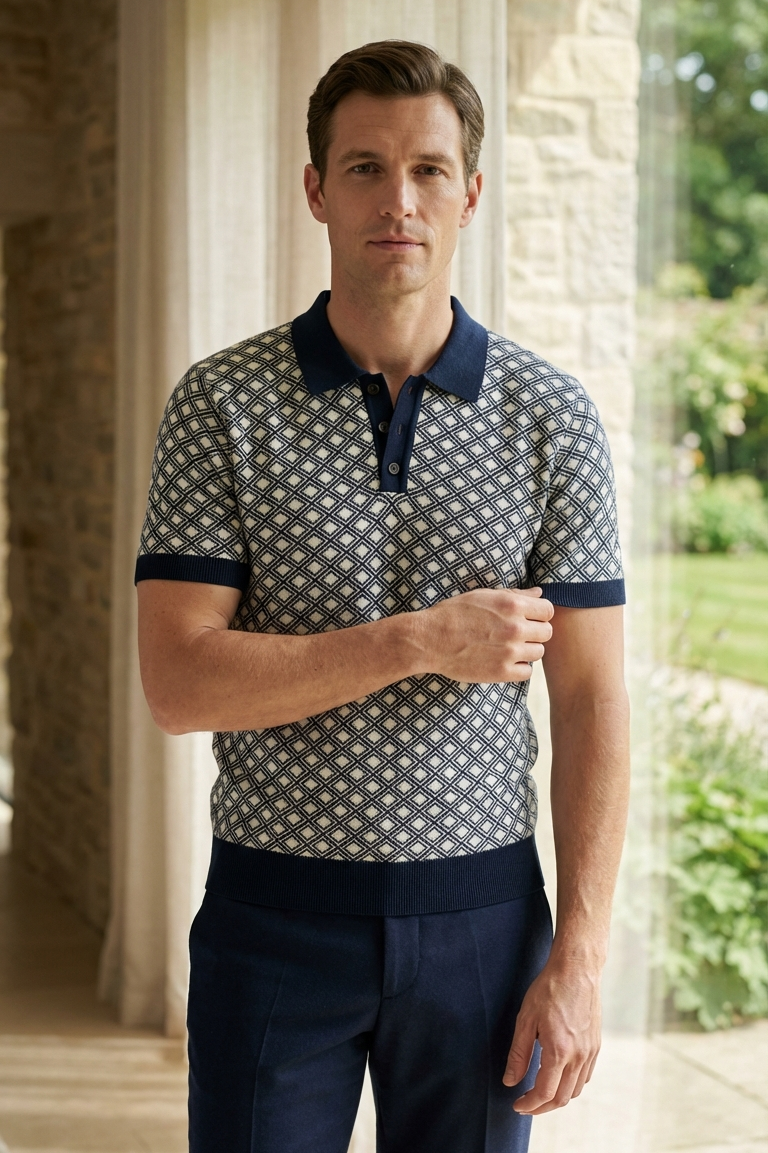 Geometric Polo T-shirt - Navy & Cream