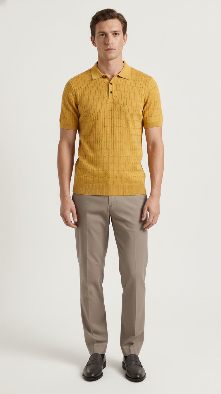 Yellow Textured Short Sleeve Polo T-shirt