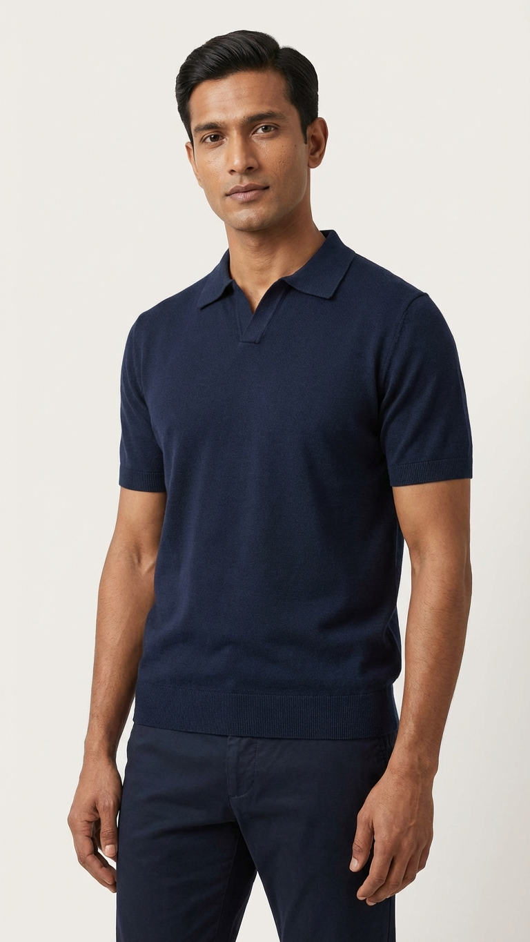 Solid Navy Buttonless Polo Shirt