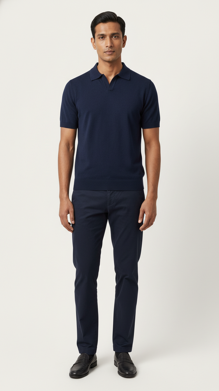 Solid Navy Buttonless Polo Shirt
