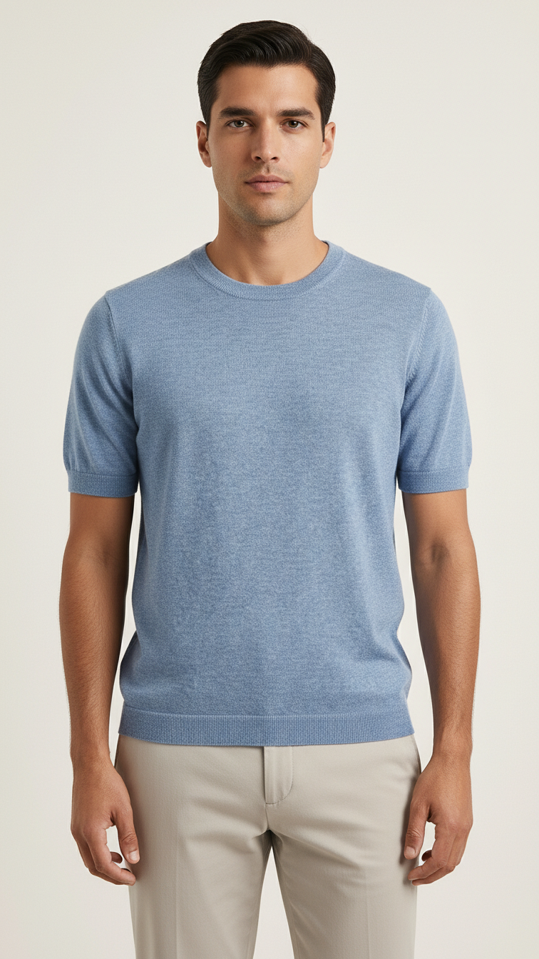 Light Blue Ribbed-Trim T-Shirt