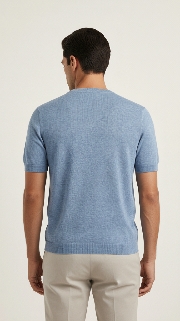 Light Blue Ribbed-Trim T-Shirt