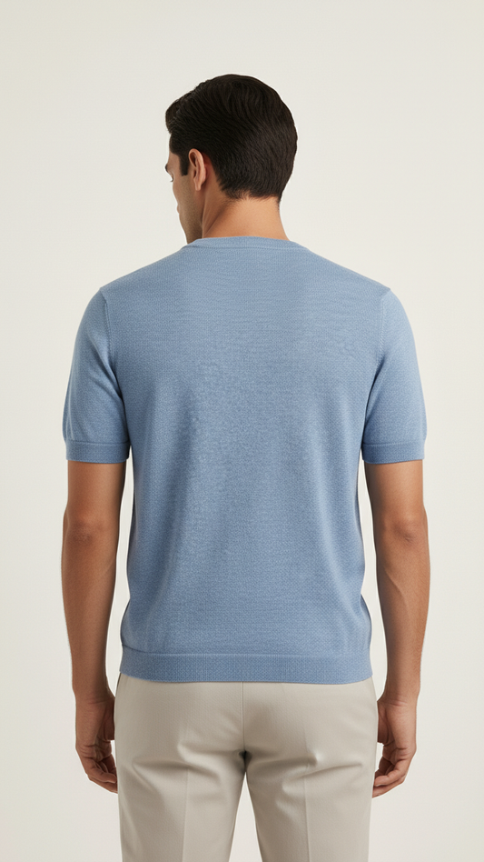 Light Blue Ribbed-Trim T-Shirt