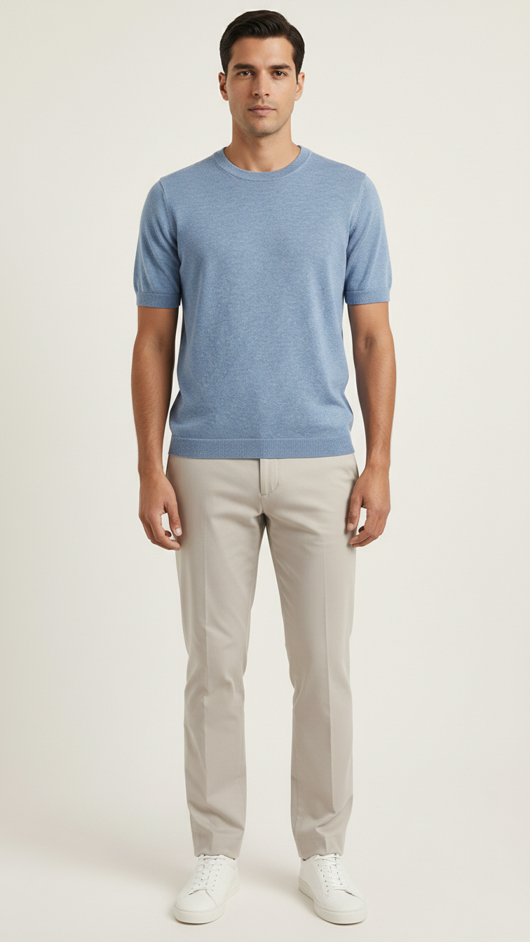 Light Blue Ribbed-Trim T-Shirt